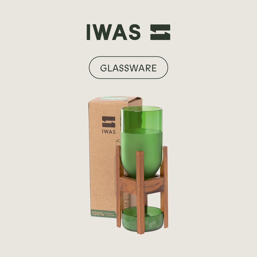 IWAS Upcycled Teak Wood Planter | Pilo High Green | 21.5 cm Height | Sustainable Indoor Plant Pot Stand with Teak Wood Base | Eco-Friendly & Handcrafted Home Décor