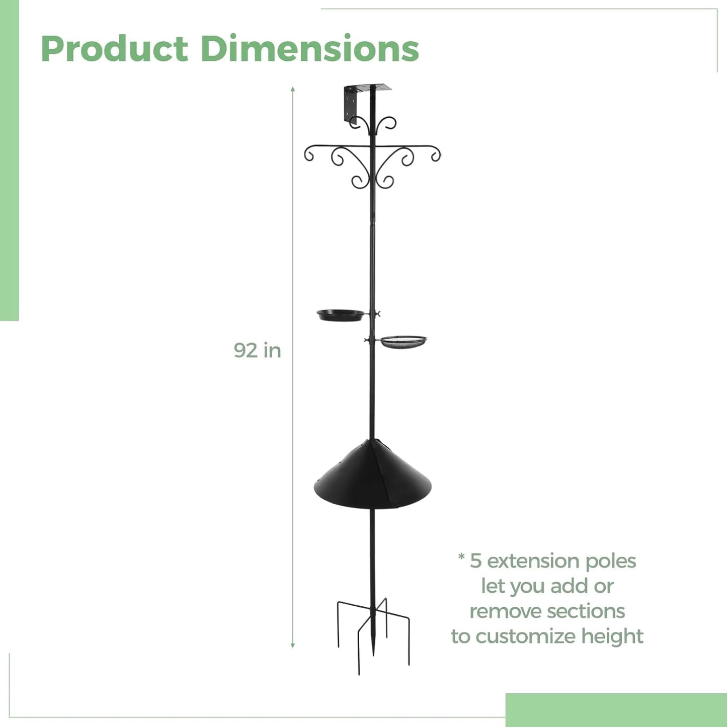 92 in Bird Feeder Pole, Squirrel-Proof Shepherd Hooks, Heavy-Duty Bird Feeding Station with Water Bowl & Mesh Tray, Adjustable Tall Feeder Stand for Plants, Lanterns