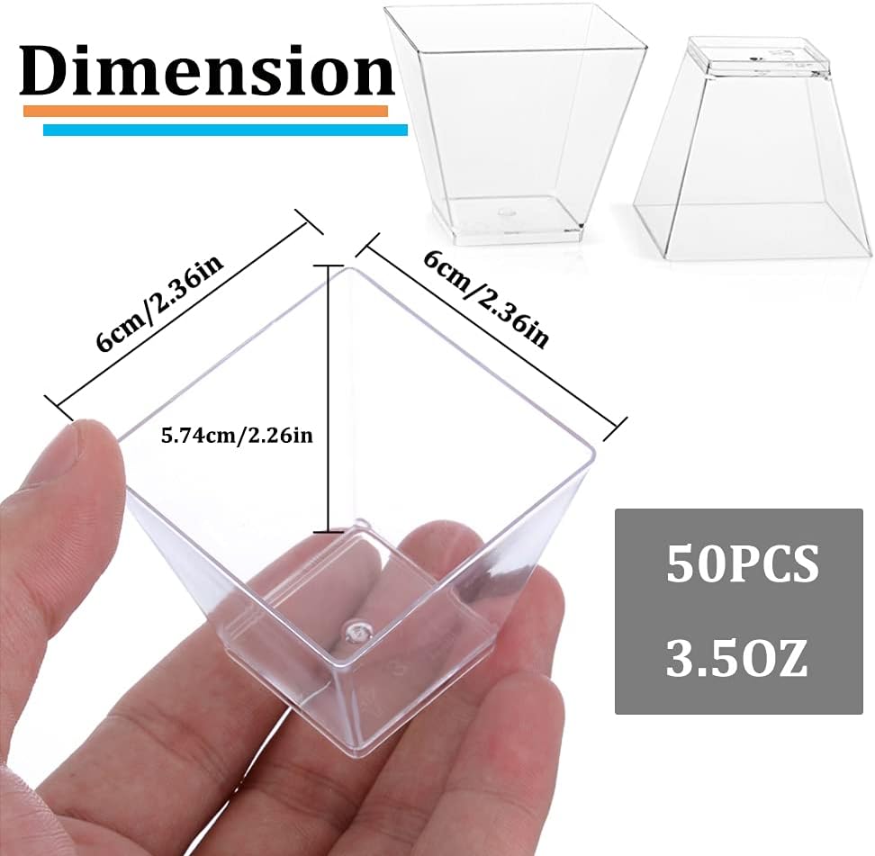 50Pcs Square Mini Plastic Dessert Cups,3.5Oz Clear Plastic Parfait Appetizer Cup for Desserts,Appetizers,Ice Cream