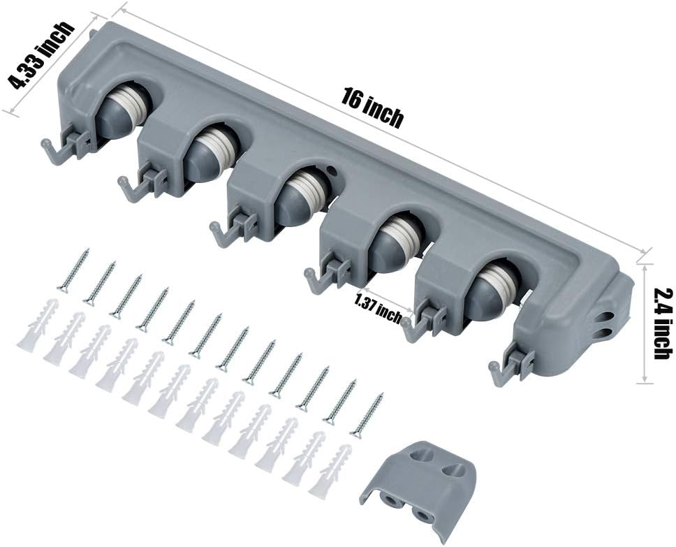HOME MASTER HARDWARE (2 Pack 16 in Broom Mop Holder Garage Storage Organizer with 5 Racks 6 Hooks Adjustable Wall Mounted Storage Tool for Lanudry Garage Kitchen Garden