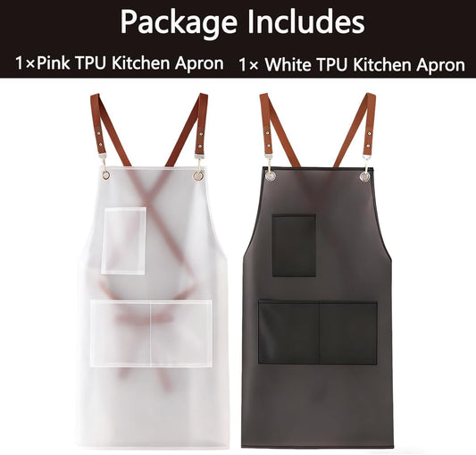 2 Pack Waterproof Translucent Apron with Large Pockets,Cross Back Apro