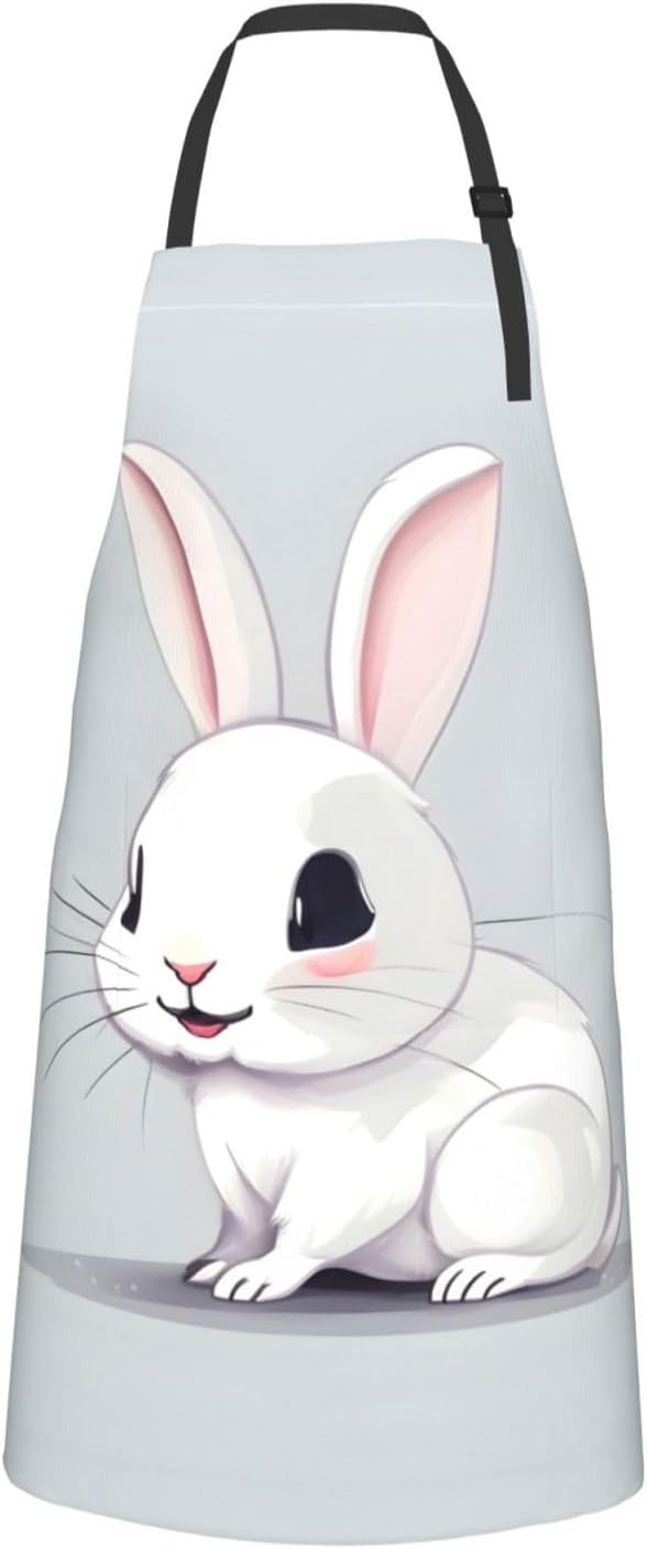 Cute White Rabbit Print Laundry apron 28x33 In Waterproof Kitchen Apron with Pockets for Cooking Baking