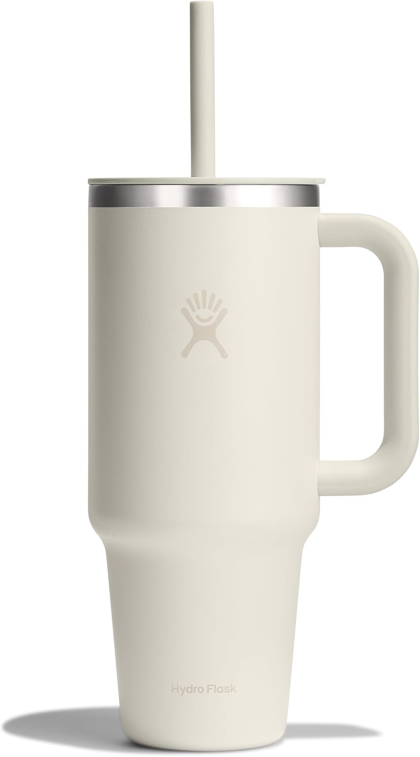 Hydro Flask Travel Tumbler with Handle, Lid and Straw - Insulated Stainless Steel in 40 Oz Ivory