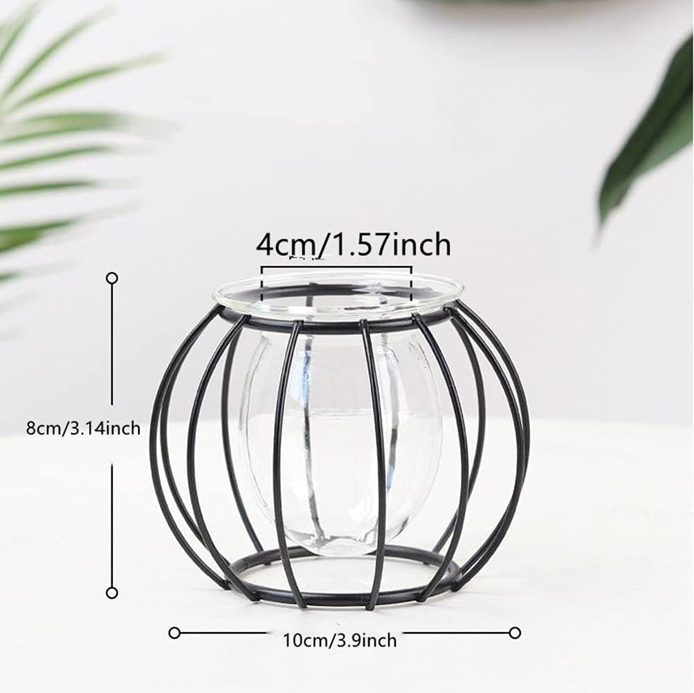 Glass Vase Nordic Small Flower Vase Clear Glass Bud Vases with Metal Geometric Iron Line Cup Vase Pot for Hydroponic Planter Flowers Rack Stand Modern Home Décor Desktop Table Vase Decor (Black,D)