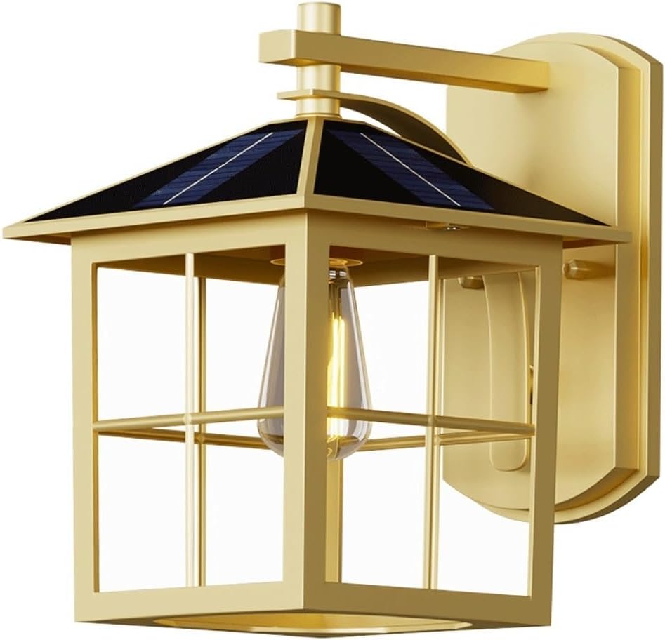 Solar Outdoor Wall Light, Solar Wall Sconce, Exterior Solar Wall Lamp Solid Brass Copper Wall Lantern Glass Shade Waterproof Dusk to Dawn Lighting for Porch Patio Villa Garden Cottage
