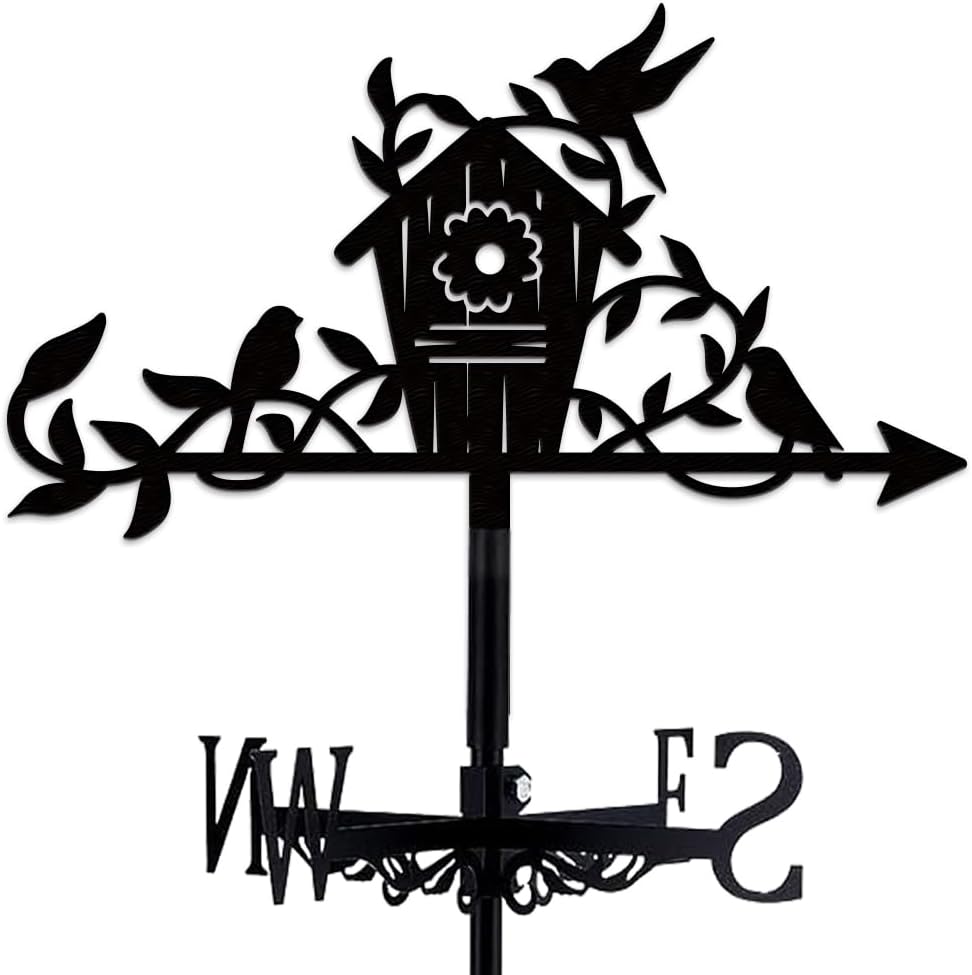 Birdhouse Weather Vane, Black Metal Weathervane Roof Mount, Wind Direction Indicators Wind Measuring Tool Outdoor, Wind Vane Ornament Decoration for Shed Yard Farmhouse Patio Decor