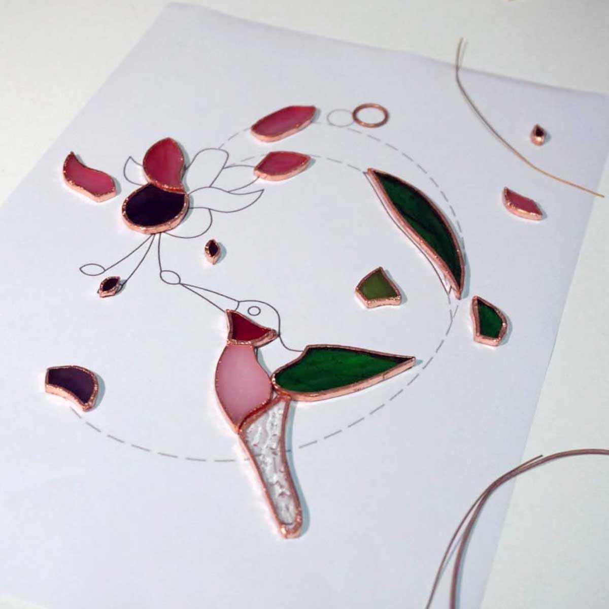 Handcrafted Hummingbird Stained Glass Window Hanging - Suncatcher With Blooming Fuchsia Flower for Window Decor - Gift for Mom and Bird Lovers