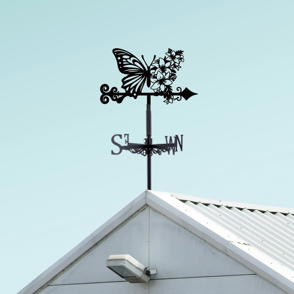 SUPERDANT Butterfly Weathervane Flowers Weather Vane for Yard Metal Wind Vanes Roof Mount for Outside Garden Black Weathervanes Farmhouse Farm Barn Sheds Patio Outdoor Decorations Gifts