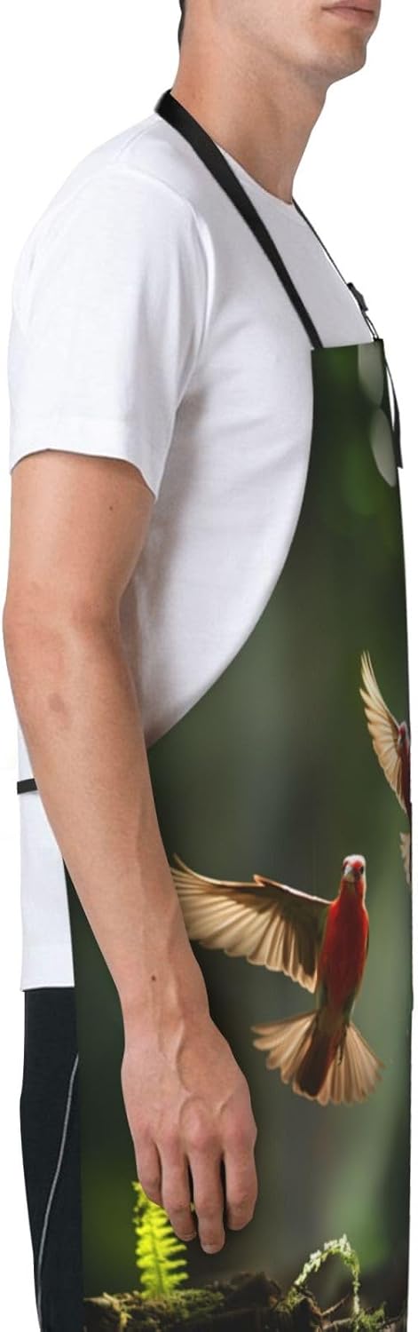 red Birds print Waterproof apron with pocket adjustable cooking apron 