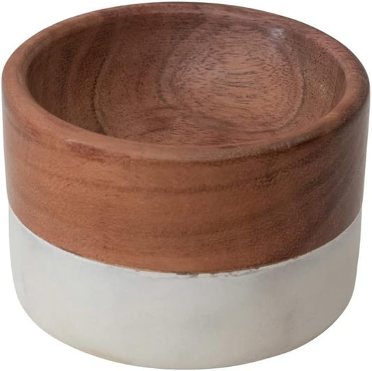 Creative Co-Op Marble and Acacia Wood Pinch Pot, Serveware, 3"L x 3"W x 2"H, Natural & White
