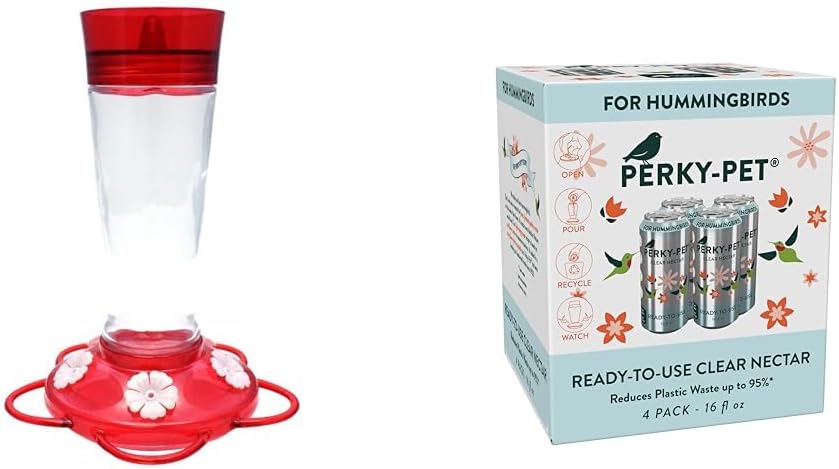 More Birds Bird Health+ Ruby Red Glass Hummingbird Feeders for Outdoors, 4 Feeding Stations, 10 oz + Perky-Pet 522 Ready-to-Use Clear Hummingbird Nectar in 4 Cans, 16 oz Each Recyclable Aluminum Can