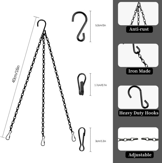 Hanging Basket Chains, 4 Pack Hanging Chain with Hook, 16 Inch Black Chain for Hang Plants, Adjustable Small Plant Chain for Baskets Bird Feeders Outdoor Indoor Decor Lanterns Wind Chimes
