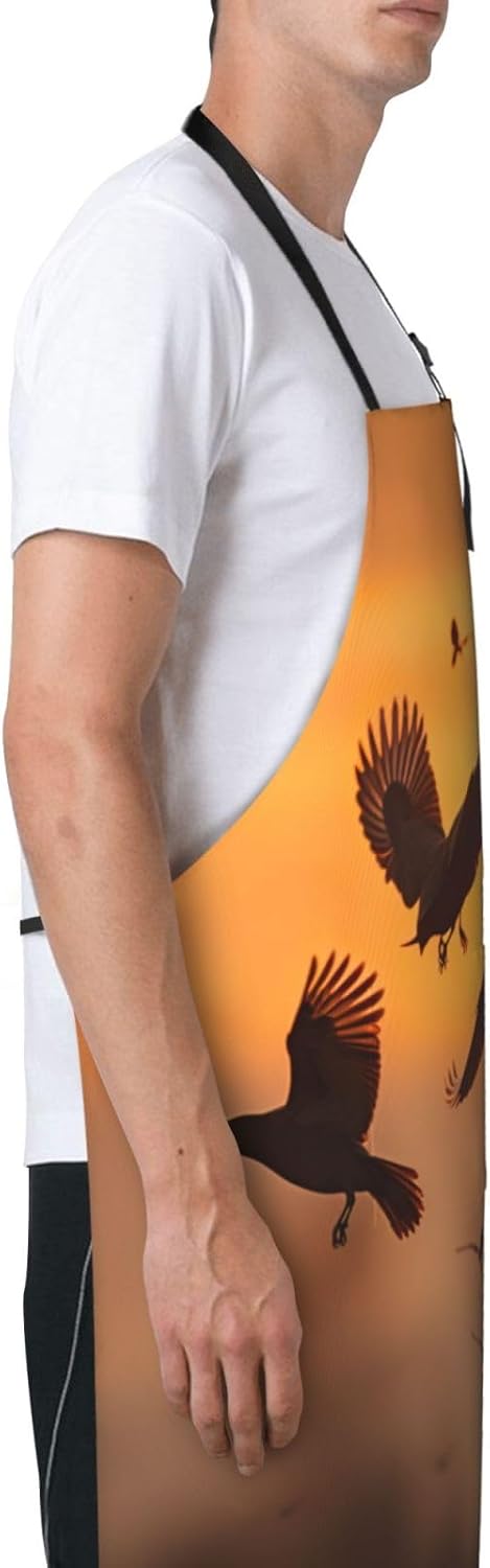 Birds Sunset print Waterproof apron with pocket adjustable cooking apron for adult kitchen bibs to bake