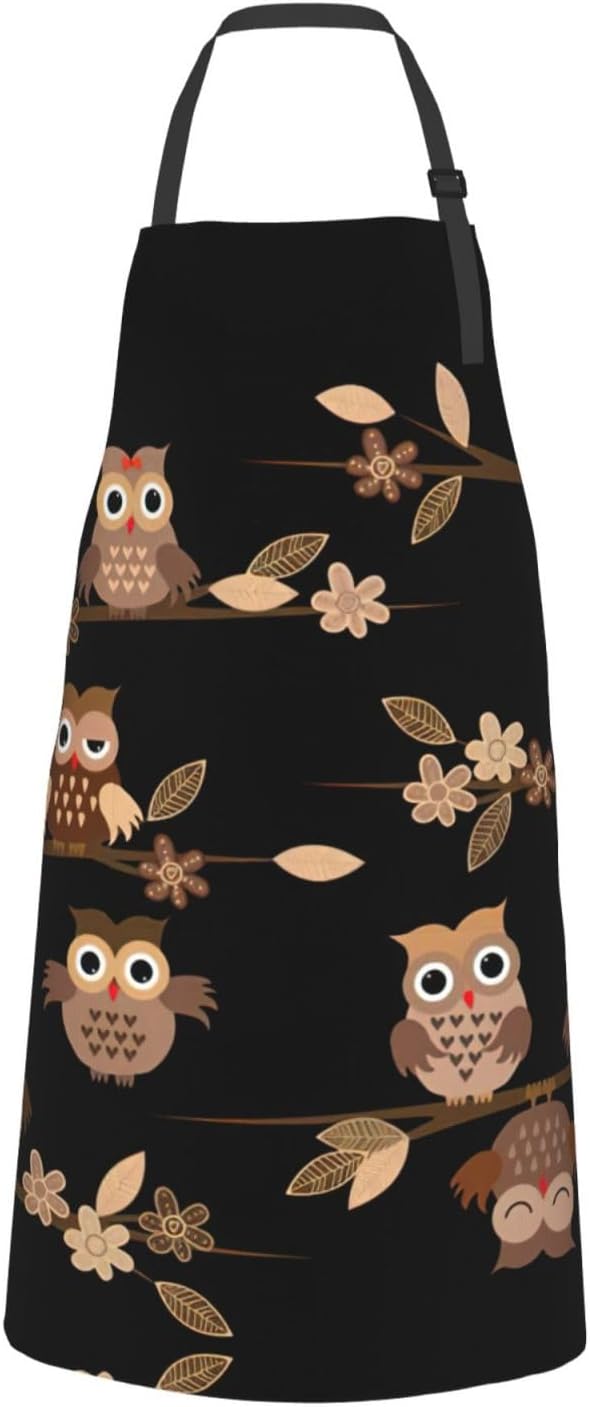 Cute Brown Cartoon Owls Print Laundry apron 28x33 In Waterproof Kitchen Apron with Pockets for Cooking Baking