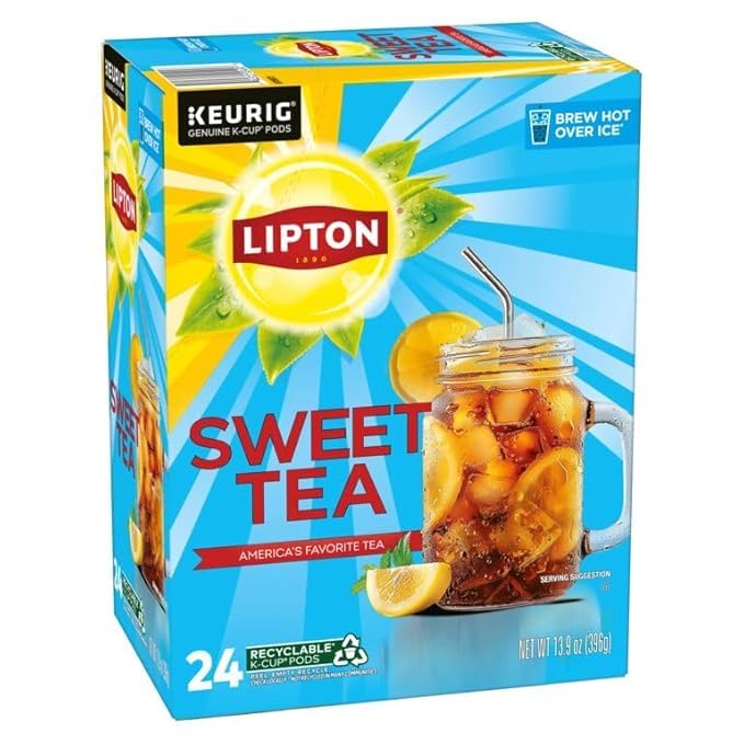 Lipton Southern Sweet Black Tea K-Cup Pods 24-Count Rainforest Alliance Certified Iced Tea for Keurig Coffee Makers with Real Tea Leaves and Natural Sweetness Brew Hot over Ice
