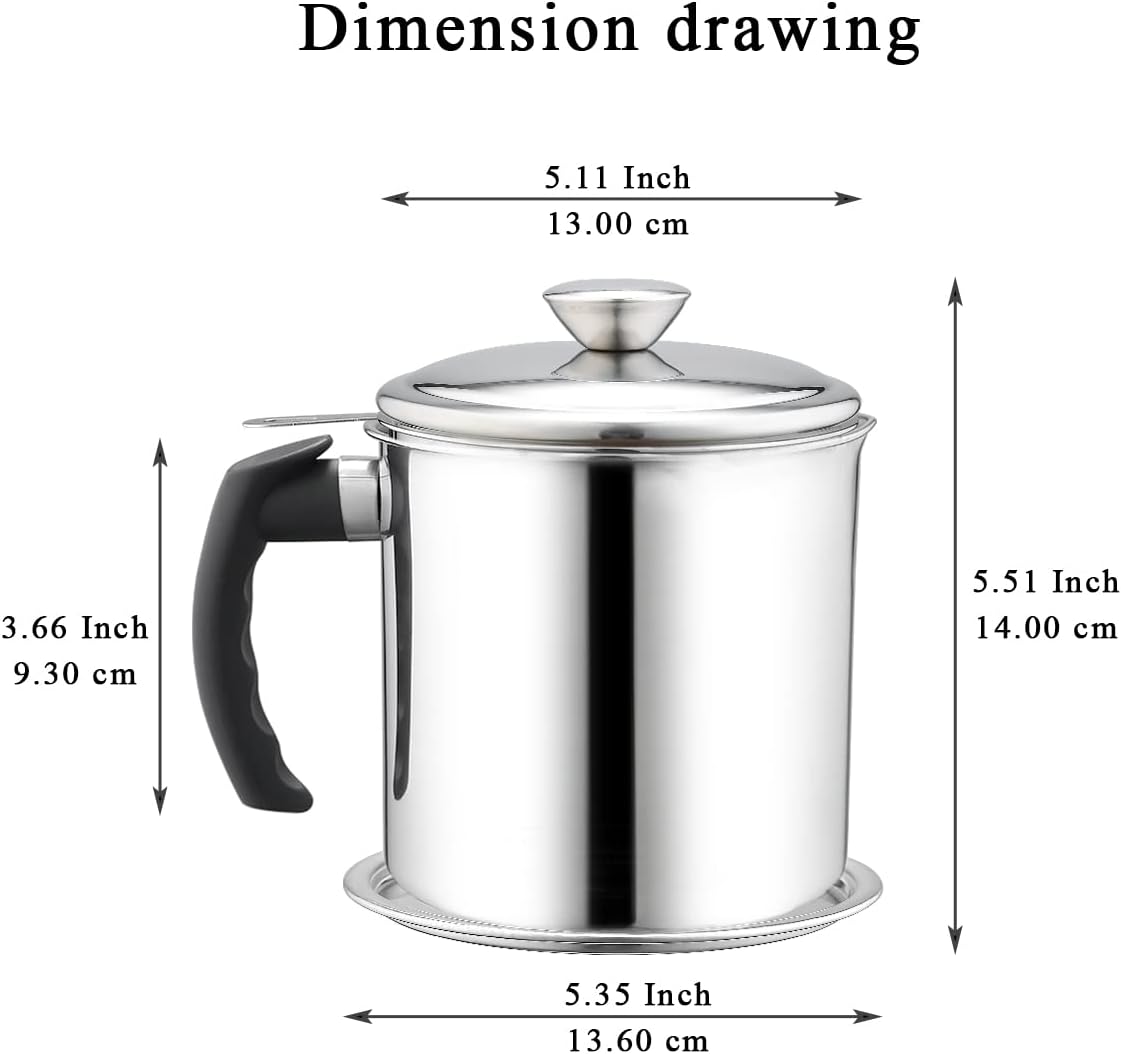 Kyraton Bacon Grease Container With Strainer, 48 oz Stainless Steel Oil Container, Pot Fat Storage With Lid, Easy Grip Handle Suitable For Storing Frying Oil And Cooking Grease 1. Silver