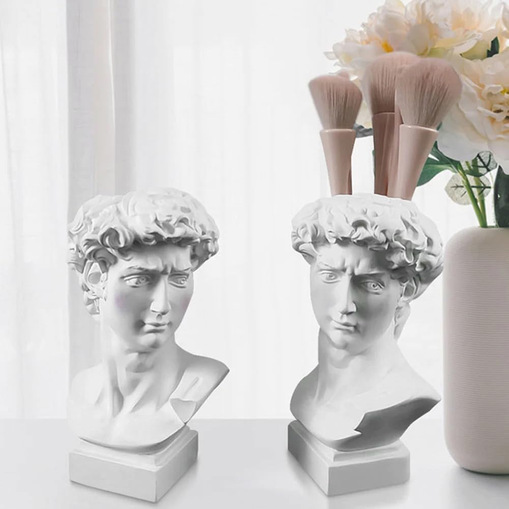 Queenbox 6.3x3.5in David Resin Bust Figurines Vase, Face Pot Heads Planter Container Holder, Classic Italy Art Statue Sculpture, White L