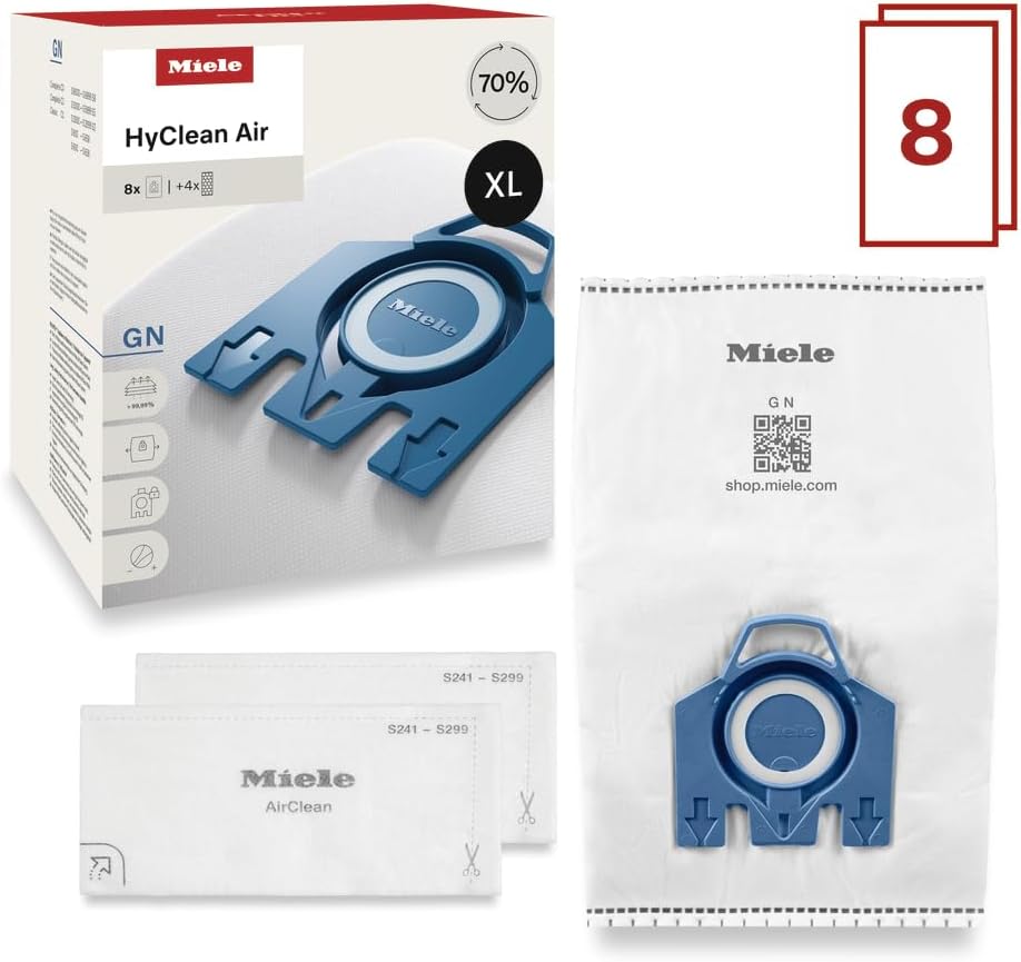 Miele Genuine AirClean XL Pack GN Vacuum Cleaner Bags, 8 Bags Included, for Miele Complete C3, Complete C2, and Classic C1 Vacuum Cleaners