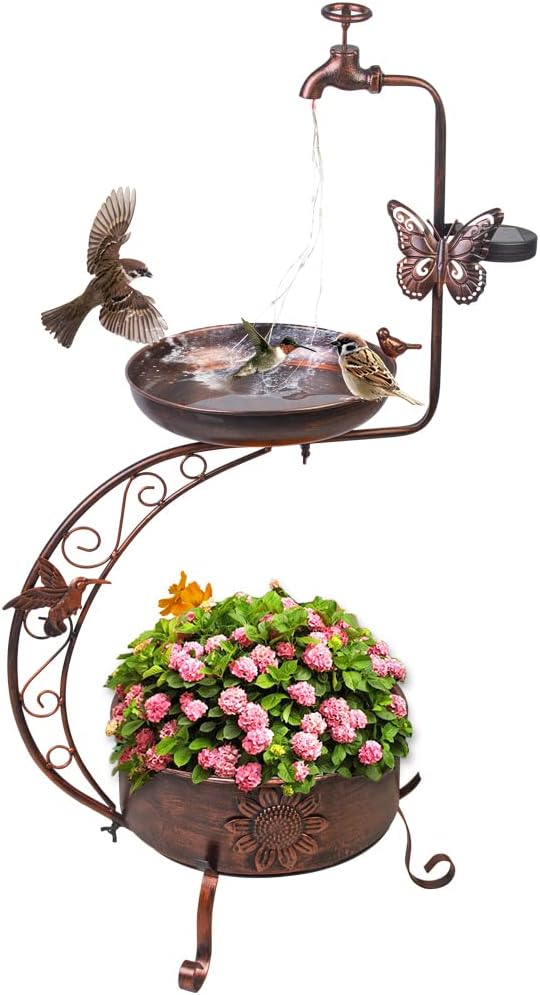 DREAMYSOUL Solar Bird Baths for Outdoors, Metal Birdbath with Flower Planter Pedestal, Antique Copper Bird Bath with Solar String Light for Garden, Yard, Patio Decor 36" Height