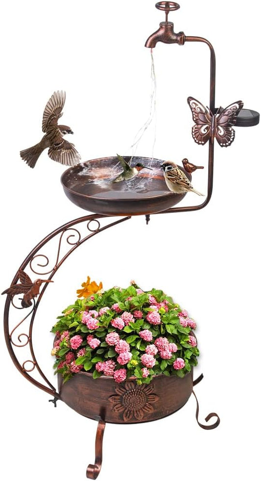 DREAMYSOUL Solar Bird Baths for Outdoors, Metal Birdbath with Flower Planter Pedestal, Antique Copper Bird Bath with Solar String Light for Garden, Yard, Patio Decor 36" Height