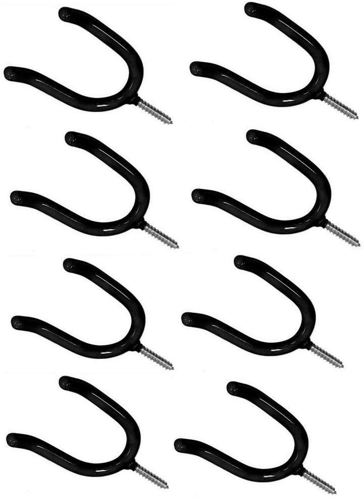 ALAZCO 8 Black Vinyl Coated Steel Wall Mount Screw-in Heavy Duty Tool Holders 4” Utility U-Hooks for Garage Workshop Storage Hang Shovels Rakes Brooms Garden Tools Sports Equipment Tennis Racket
