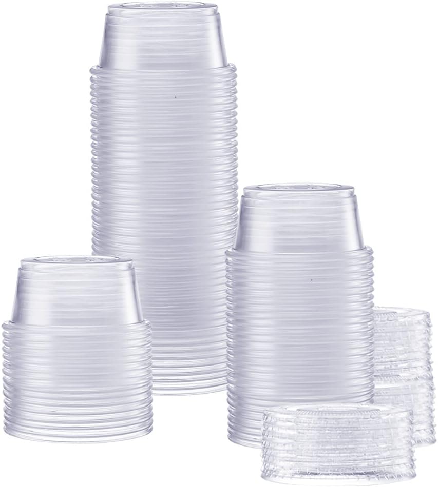 GUSTO 2 oz Jello Shot Cups with Lids [100 Count] Clear Plastic Portion Containers, Condiment Cups for Sauces, Dressings & Samples – Durable, Stackable, Leak-Resistant (Formerly Comfy Package)