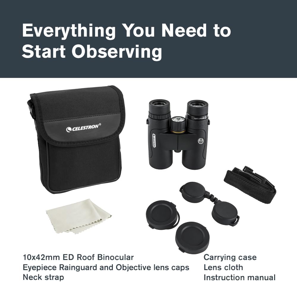Celestron–Nature DX ED 10x42 Premium Binoculars –Extra-Low Dispersion Objective Lenses –Outdoor and Birding Binocular–Fully Multi-Coated with BaK-4 Prisms–Rubber Armored – Fog & Waterproof Binoculars