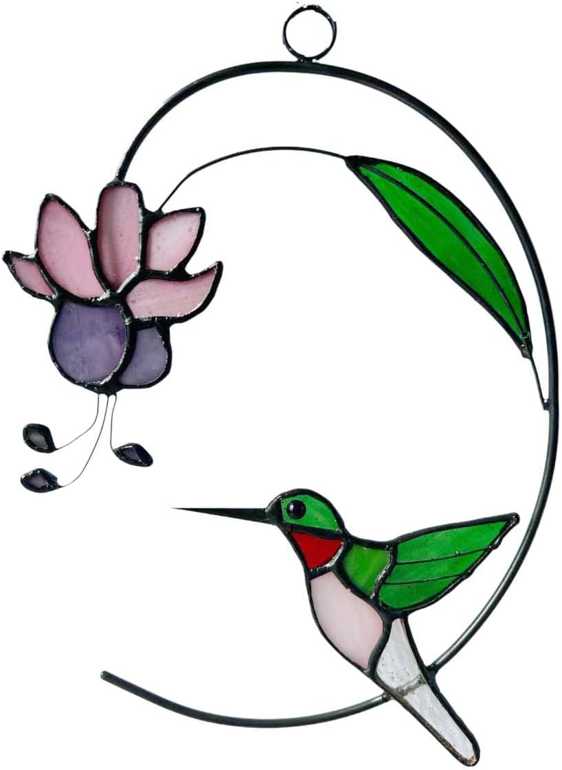 Handcrafted Hummingbird Stained Glass Window Hanging - Suncatcher With Blooming Fuchsia Flower for Window Decor - Gift for Mom and Bird Lovers