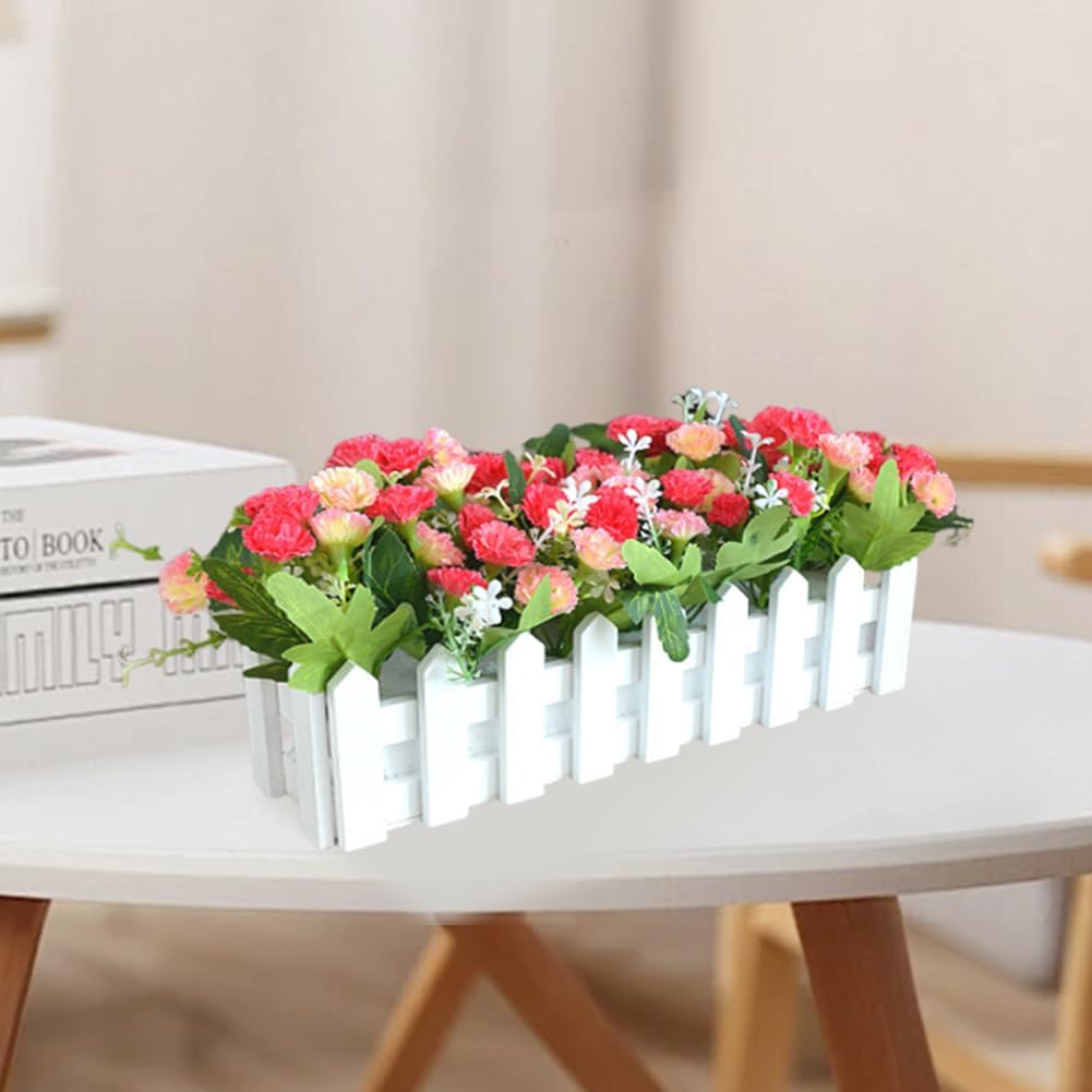 Artificial Carnations Flowers in White Wooden Picket Fence, Faux Silk Flowers with Leaves Fence Pot for Outside Home Planter Porch Patio Yard Office Desk Decor, Rose Red