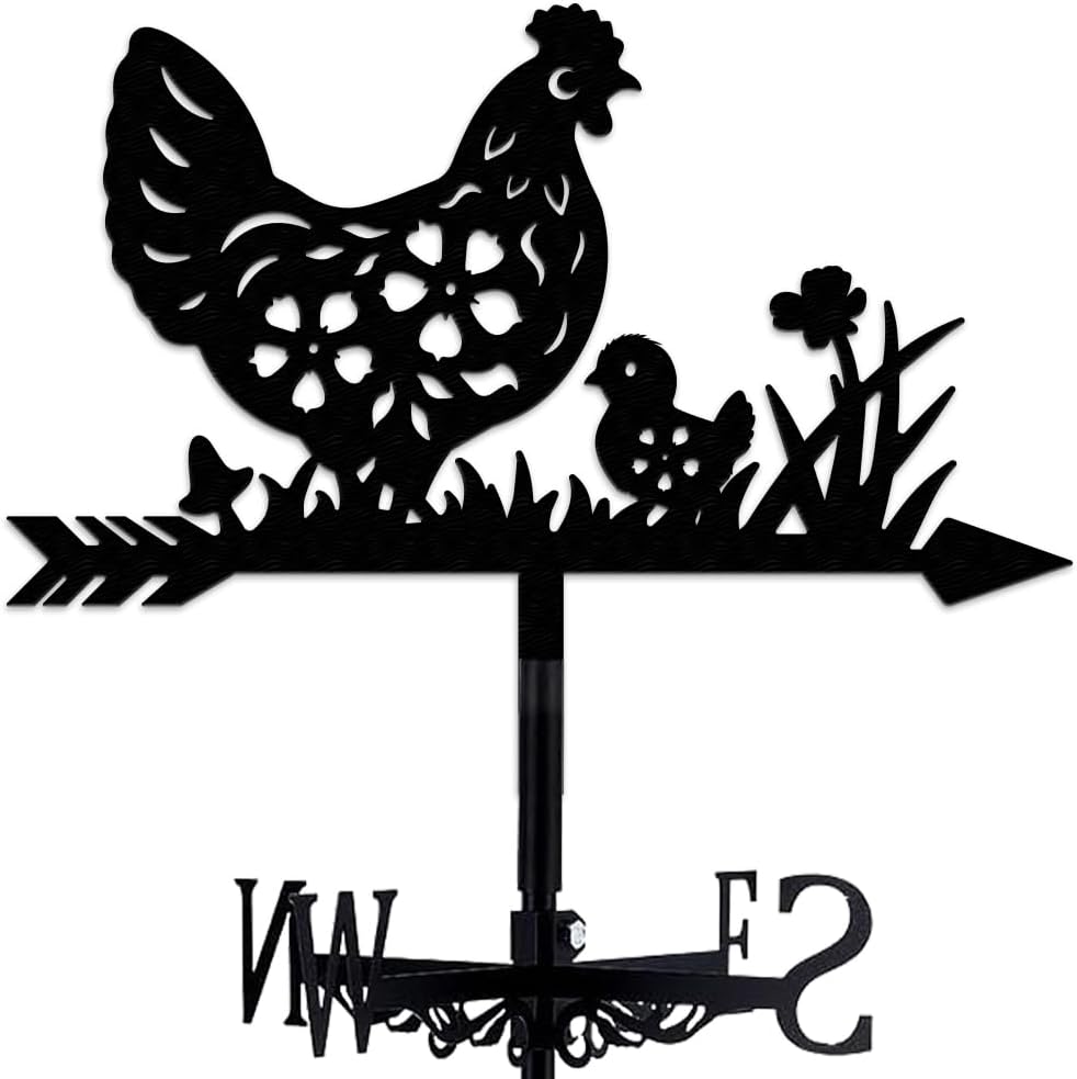 Hen Weathervane Metal Wind Vane Flower Chicks Animal Garden Decoration Direction Indicator Stake Mount Ornament for Farmhouse Yard Roof Outdoor