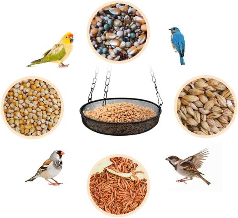 2PCS Hanging Bird Feeder with Tray, Hanging Tray Wild Bird Feeder, Metal Mesh Hanging Bird Feeders, Platform Bird Feeder Tray,Metal Bird Feeder Tray,for Garden,Terrace,Farm,Outdoor (Black)