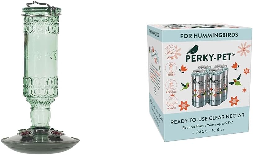 Perky-Pet 8108-1SR Antique Glass Bottle Hummingbird Feeder -10 oz + Perky-Pet 522 Ready-to-Use Clear Hummingbird Nectar in 4 Cans, 16 oz Each Recyclable Aluminum Can