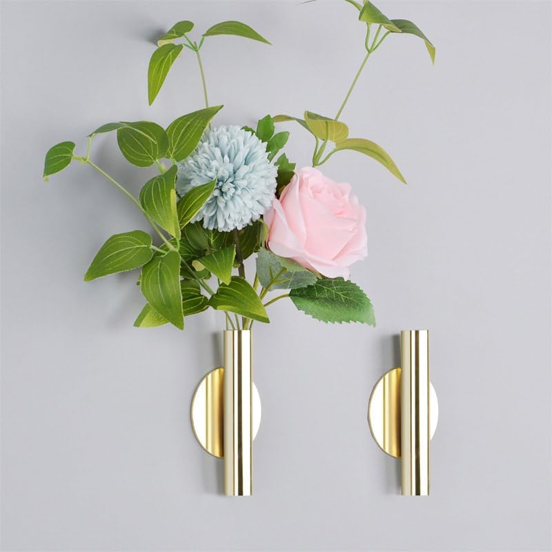 AIM & GGKK Wall Planters,4 Pcs Wall Mounted Metal Hanging Plant Holder for Indoor Small Gold Boho Flower Vase Tube for Modern Home Decor Display Art Bedroom Bathroom Living Room