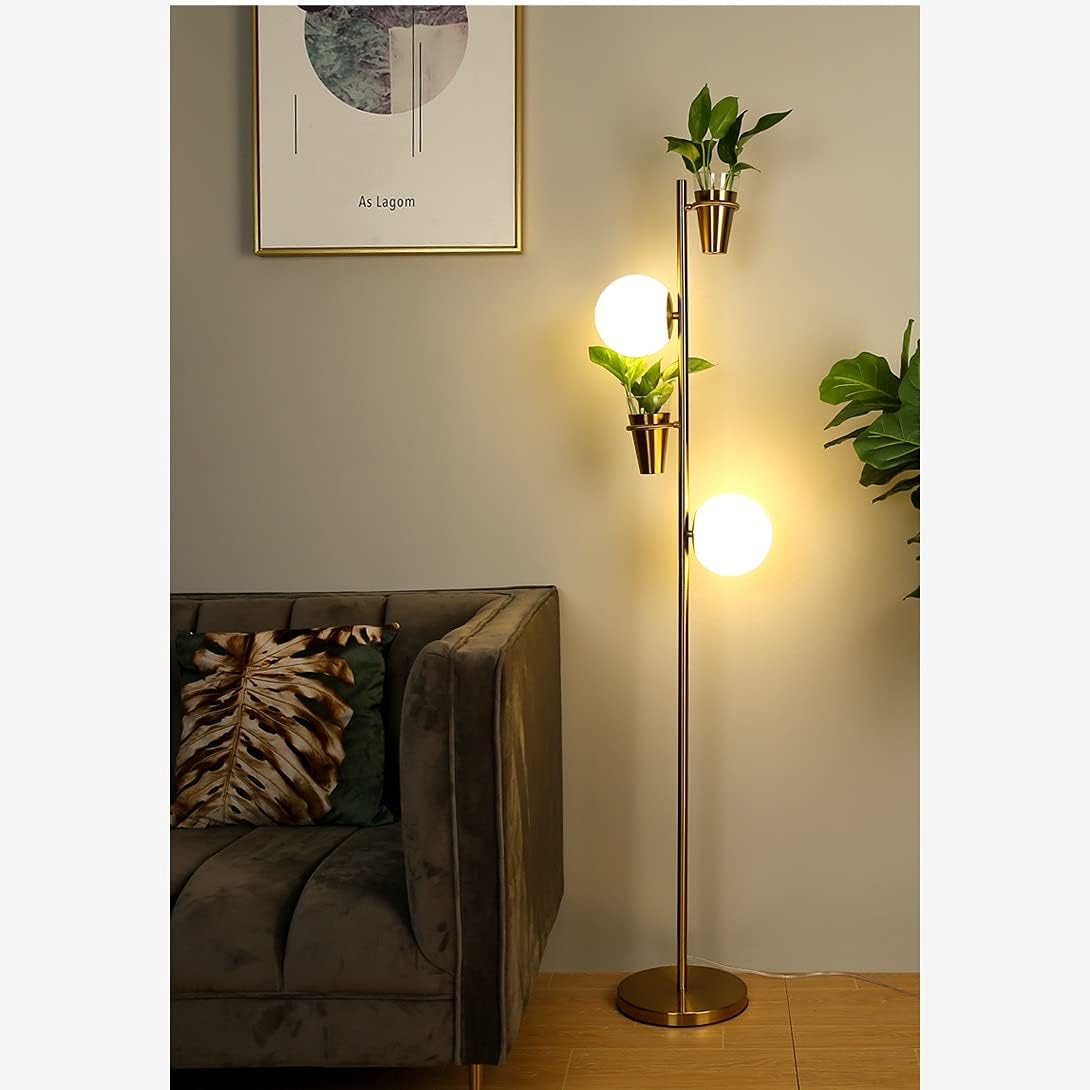 2 Light Floor Lamp Modern 2 Way Lamp with E27 White Glass Shades 2 Metal Plant Pots Tall Lamp Stand for Living Room Bed Room Office 154cm Gold