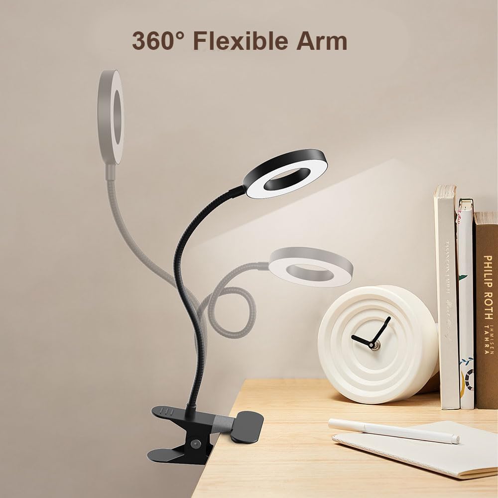 LED Desk Lamp Clip on Light with 3 Color Modes 10 Brightness Ring/Clam