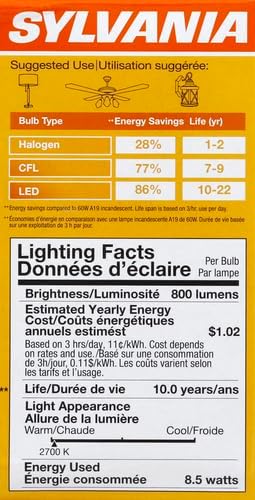Sylvania LED Light Bulb, 60W Equivalent A19, Efficient 8.5W, Medium Base, Frosted Finish, 800 Lumens, Soft White - 4 Pack (73888)
