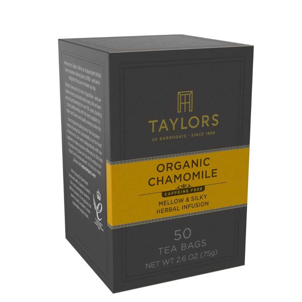 Taylors of Harrogate Organic Chamomile, Herbal Tea, Pillow Bags, 50 Count (Pack of 1), Mellow, Silky & Soft, Caffeine-Free, Enjoy Hot or Iced, 50 Teabags