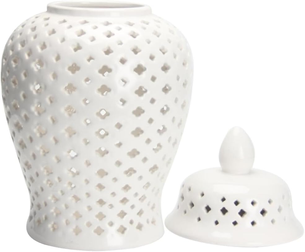 VOSAREA Ginger Jar Traditional Pierced Ginger Jar with Lid Ceramic Vase Carved Lattice Decorative Temple Jar White Ginger Jars for Home Decor