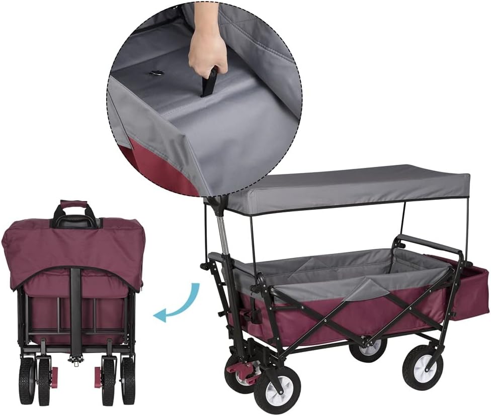 HBJWOV Folding Garden Trolley Cart with Roof Wheels Brake Transport Me