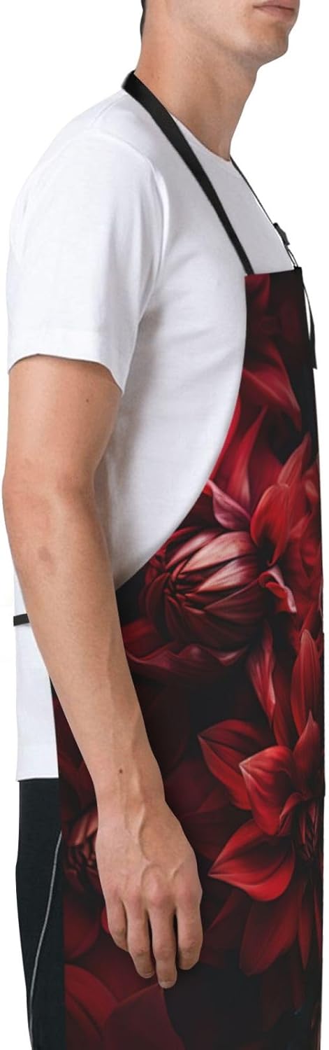 Red flower print Waterproof apron with pocket adjustable cooking apron for adult kitchen bibs to bake