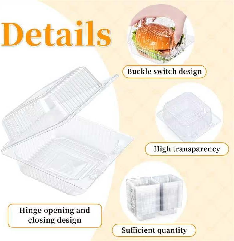 100 Count Clear Plastic Containers with Lids for Food, Thickened Disposable Sandwich Containers Clamshell Boxes for Cake Slice, Dessert, Hamburger, Salad, Pastry, Fruits, Takeout Tray