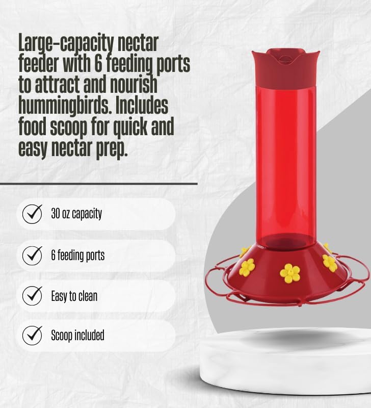 Perky-Pet Hummingbird 30 oz Plastic Nectar Bird Feeder 6 Ports Bundle with Pet Food Scoop – Wide-Mouth Design for Easy Filling, Red Base with Yellow Accents, 6 Feeding Stations – Gift Set (2 Items).