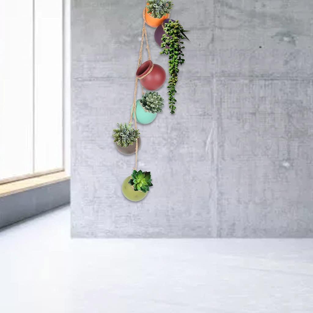 6 Pot Mixed Bright Rainbow-Color Hanging Ceramic Planter Set with Drain Hole Suitable for Succulent Flower Cactus Plant