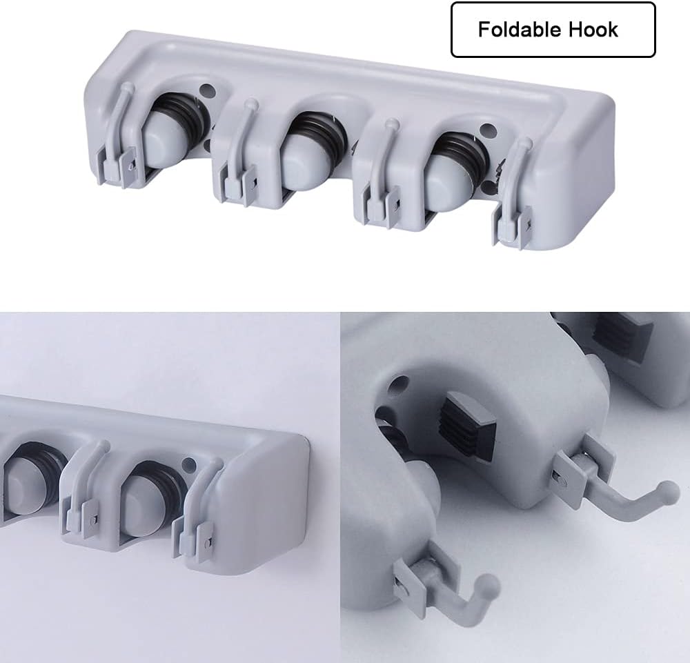 Mop and Broom Holder Broom Hanger Wall Mounted Home Garden Garage Tool Organizer Storage Rack 3 Slots with 4 Hooks,Grey
