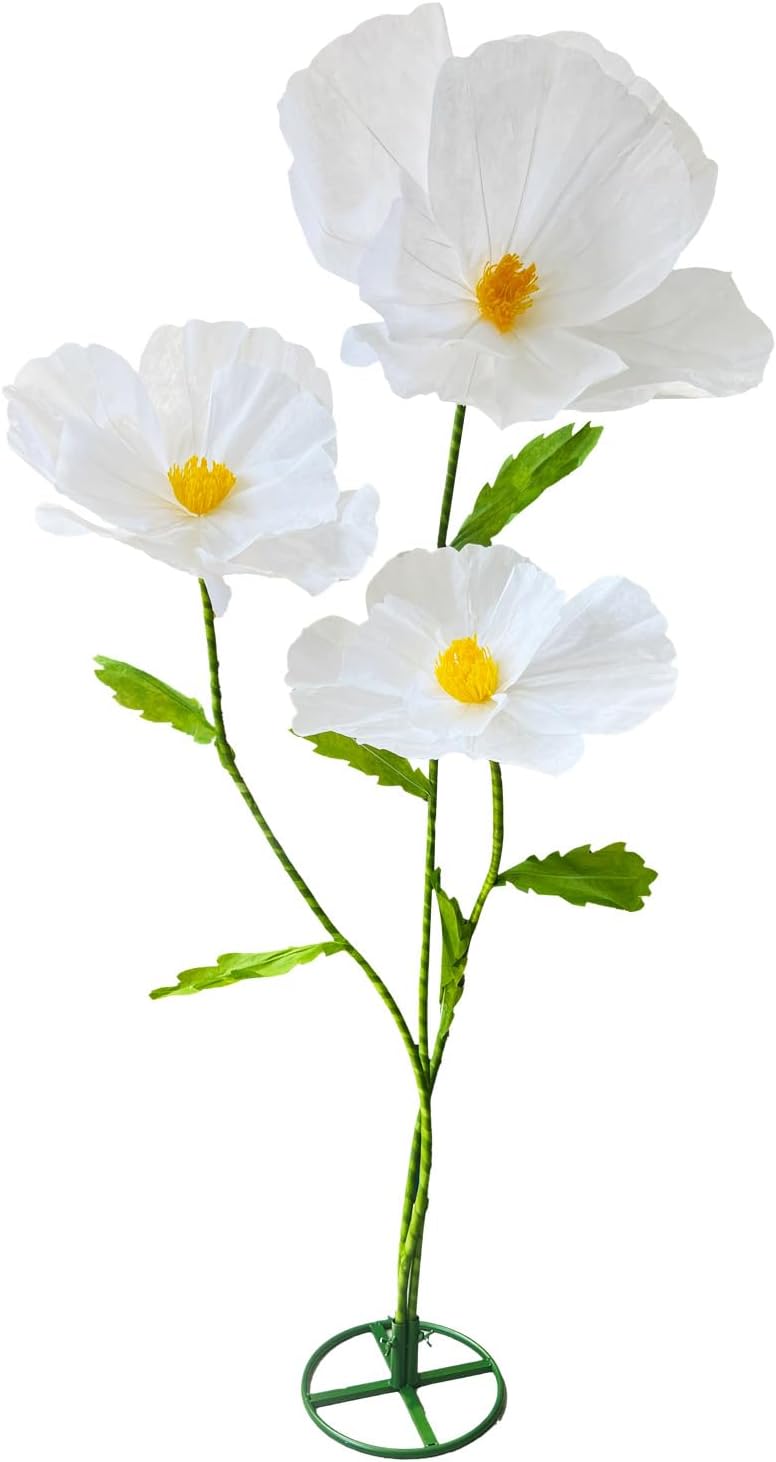 3Pcs Giant Artificial Flowers 3D Decorations Flower with Stand Base, Indoor Outdoor Art Home Decorative for Wedding Reception Arrangement Birthday Party Bridal Shower Baby Shower (White)