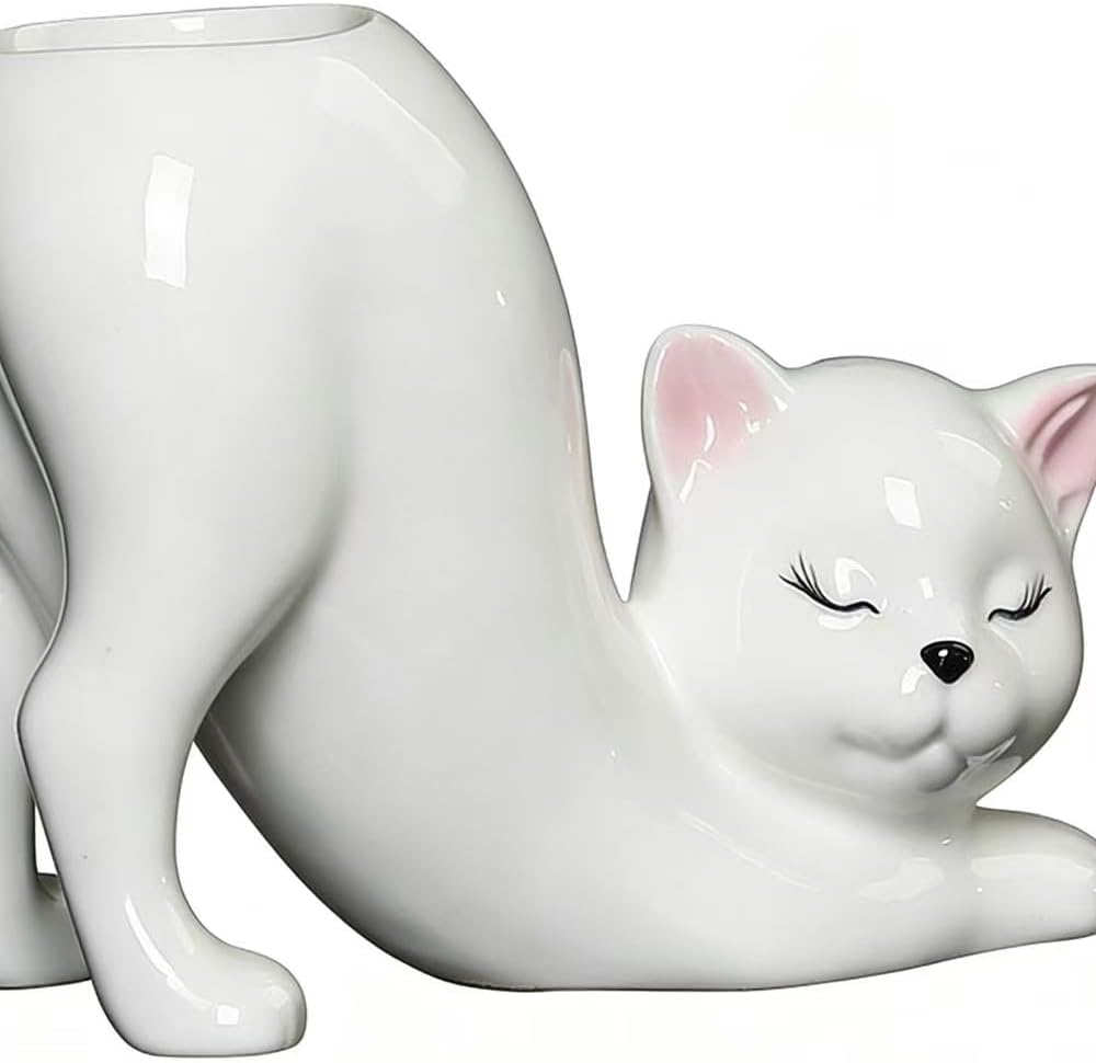 White Ceramic Cat Vase Planter – Modern Animal Home Décor Flower Pot, 