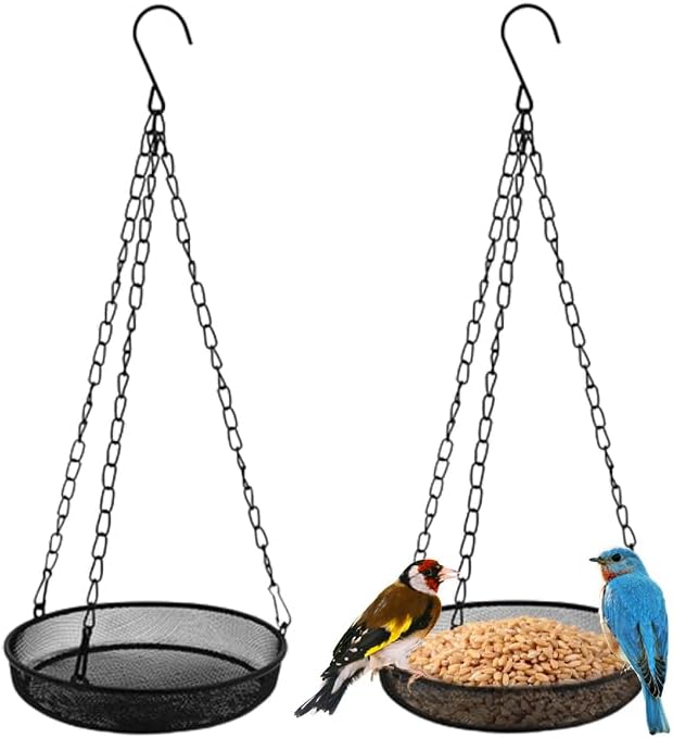 2PCS Hanging Bird Feeder with Tray, Hanging Tray Wild Bird Feeder, Metal Mesh Hanging Bird Feeders, Platform Bird Feeder Tray,Metal Bird Feeder Tray,for Garden,Terrace,Farm,Outdoor (Black)