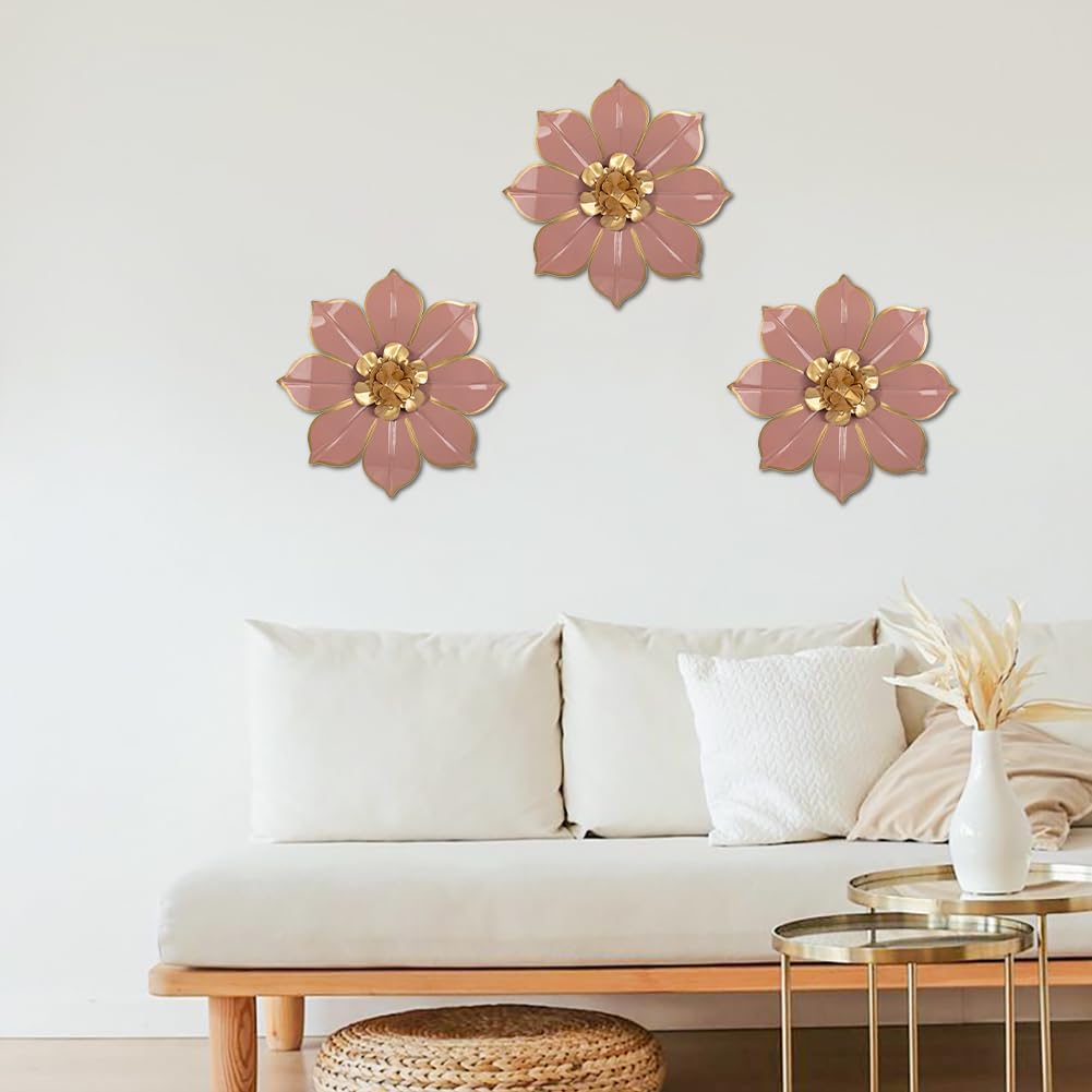 Metal Flowers Wall Decor Set of 3, Pink Metal Flower Wall Art Decor for Inoor & Outdoor Use, 3D Vintage & Modern Pink Walls Arts for Bathroom, Living Room, Bedroom, Garden, Patio, Porch, Office, 10"
