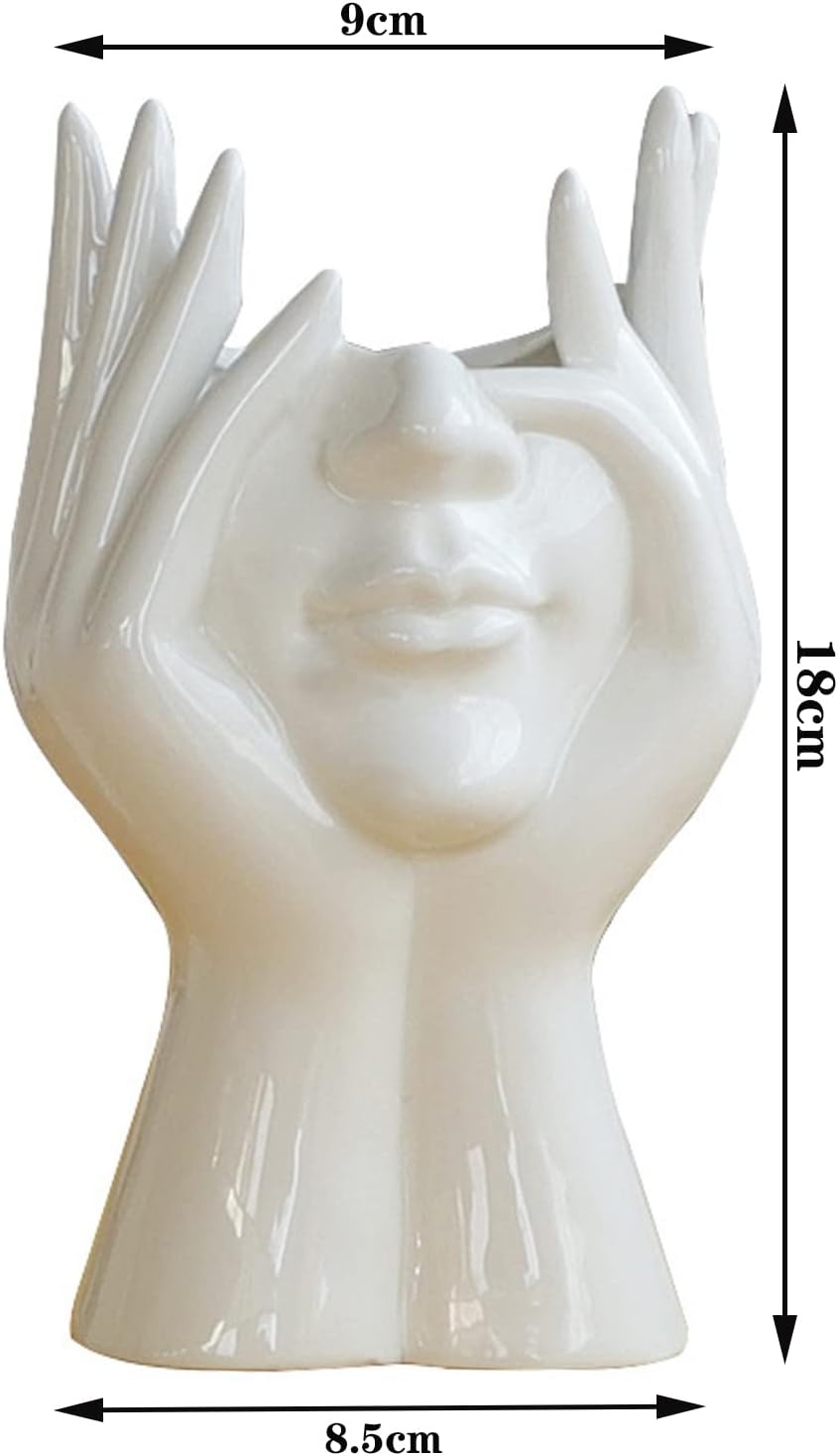 Human Form Body Flower Vase Art Face Ceramic Sculpture Flower Plant Pot Table Centerpieces Wedding Office Kitchen Home Decor (Hand Holding Face)