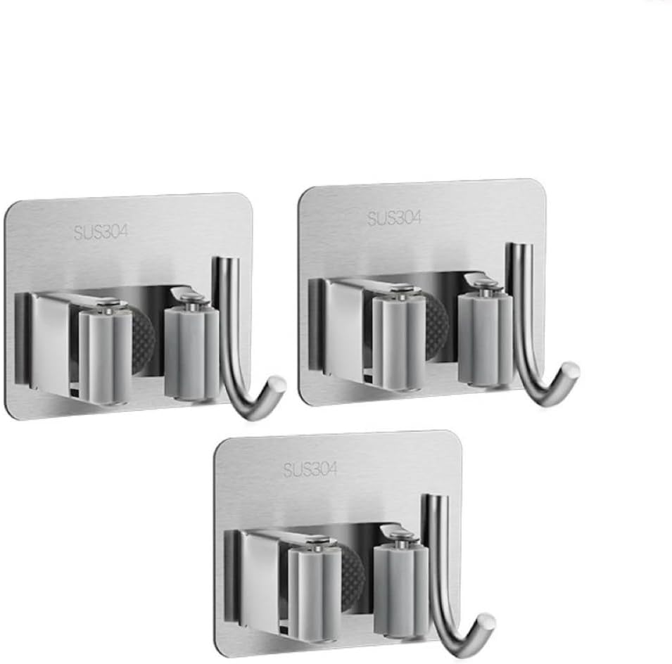 3-piece Stainless steel broom and mop multifunctional bracket hook - self-adhesive, no drilling required - universal for kitchen, bathroom, and garden (silver)